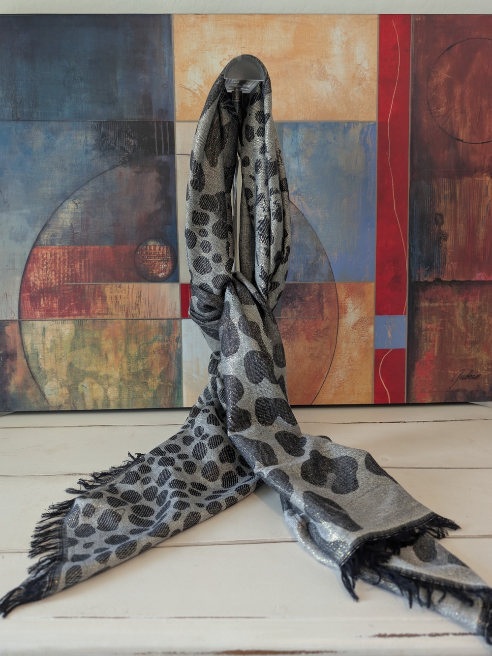 Leopard-Print Knit Large Scarf Wrap Shrug - Light and Dark Gray